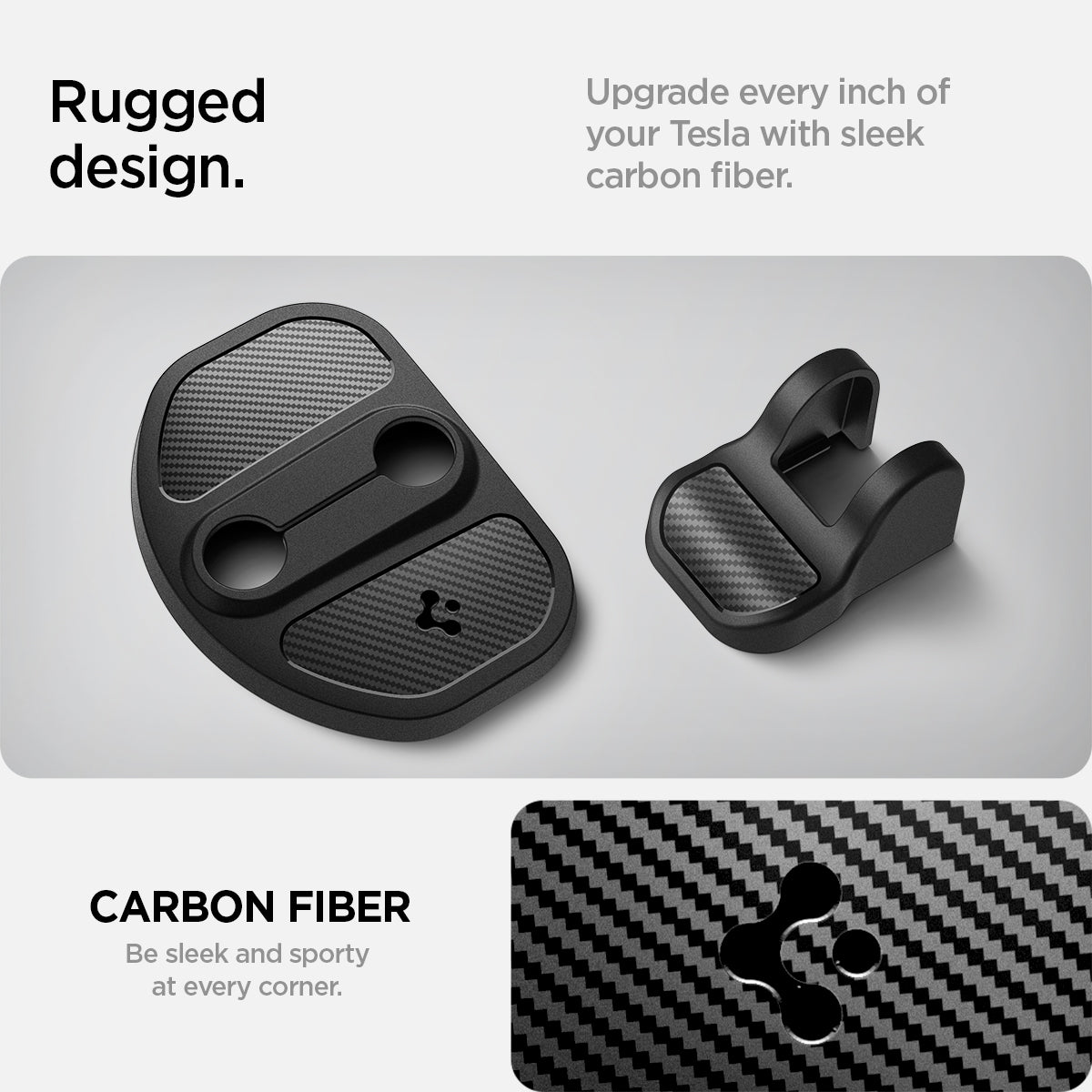 ACP07123 - Tesla Model Y & 3 Door Lock Cover TO320 in Black showing the rugged design. Upgrade every inch of your Tesla with sleek carbon fiber, sleek and sporty at every corner