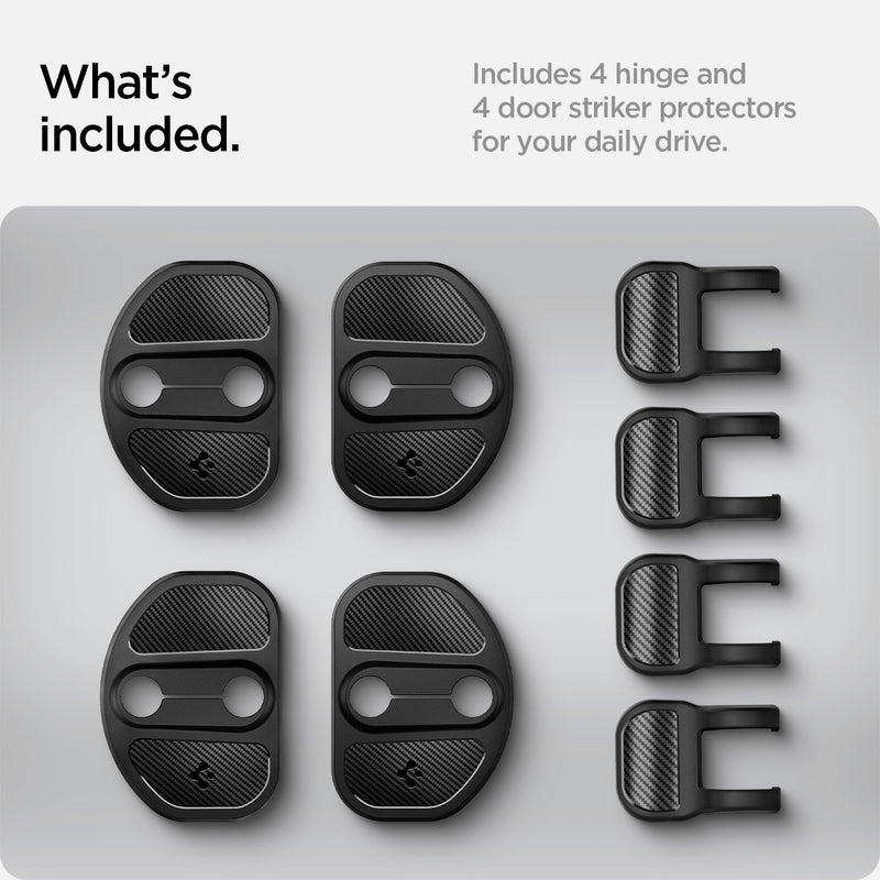 ACP07123 - Tesla Model Y & 3 Door Lock Cover TO320 in Black showing the what's included. 4 hinge and 4 door striker protectors for your daily drive