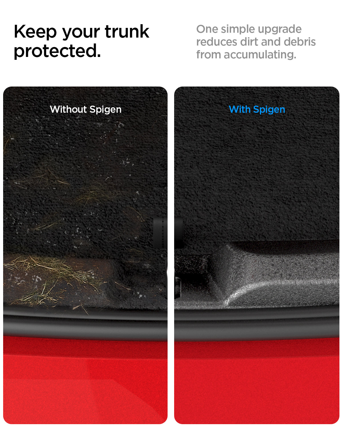 ACP11540 - Tesla Series Trunk Sill Guard showing a comparison of a trunk sill area with and without the guard to reduce dirt and debris buildup
