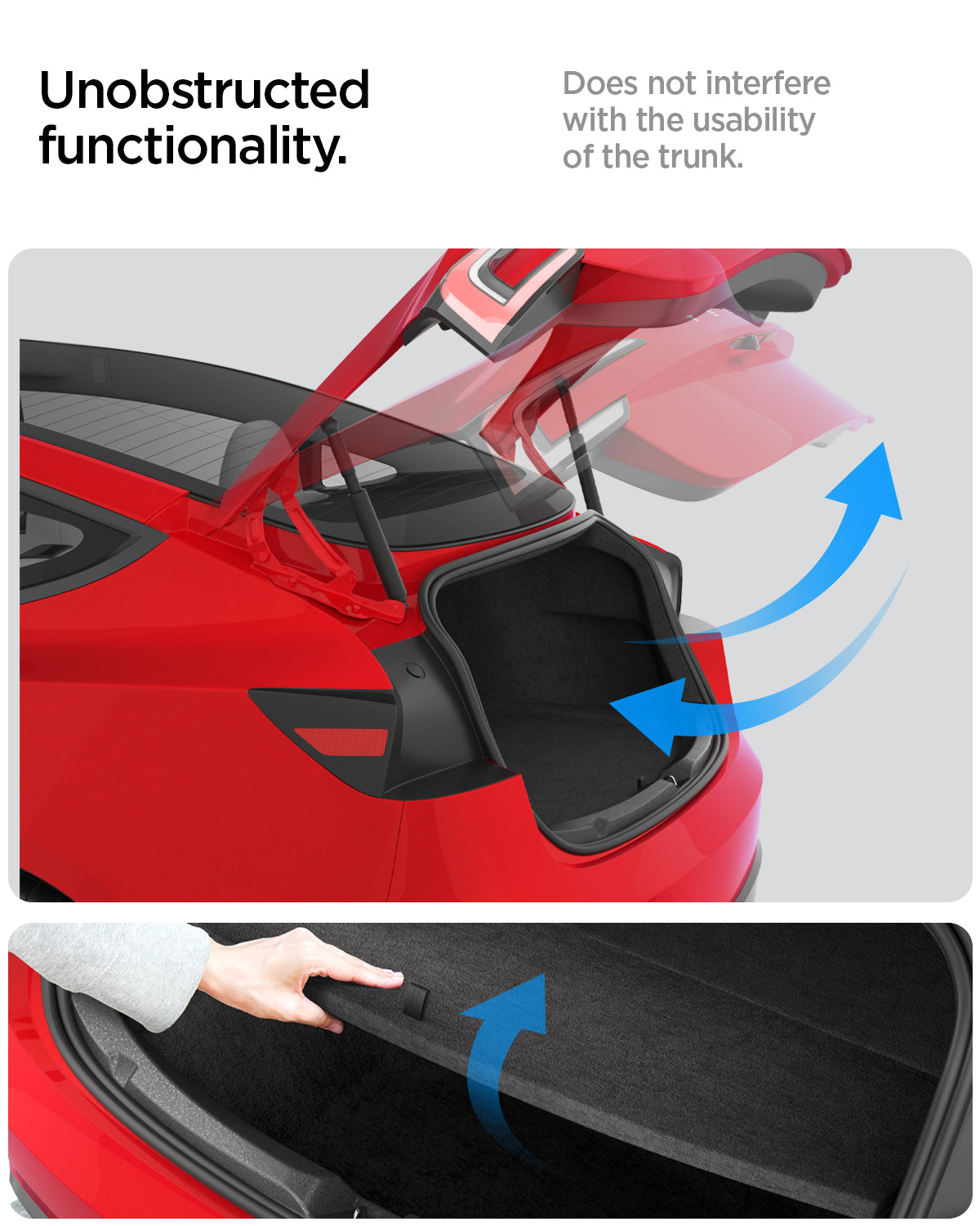 ACP11540 - Tesla Series Trunk Sill Guard showing the trunk sill guard installed without obstructing trunk opening or lower trunk storage access