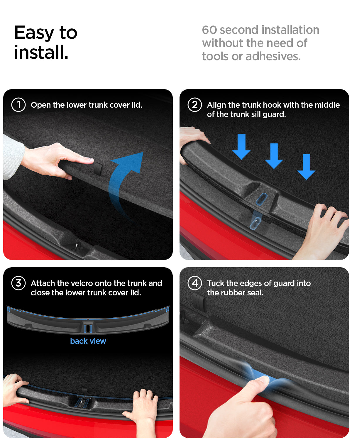 ACP11540 - Tesla Series Trunk Sill Guard showing four steps for installing the trunk sill guard without tools or adhesives