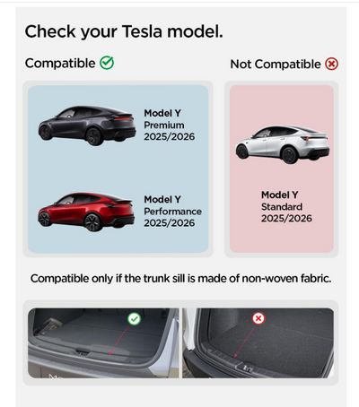 ACP09759 - Tesla Model Y Juniper Trunk Sill Guard | TG100-YJ in black showing compatible only if the trunk sill is made of non-woven fabric.