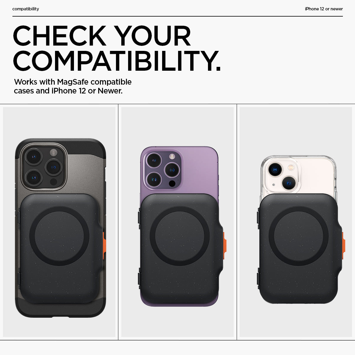 AFA07617 - MagSafe Card Holder Tintap (MagFit) in Black showing the compatibility. Works with MagSafe compatible cases and iPhone 12 or newer