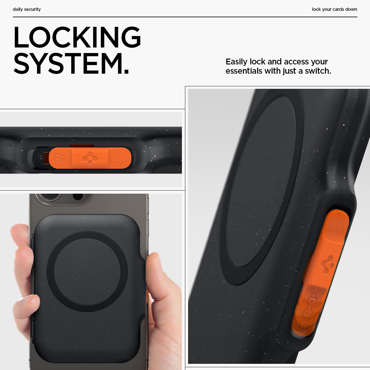 AFA07617 - MagSafe Card Holder Tintap (MagFit) in Black showing the locking system. Easily lock and access your essentials with just a switch
