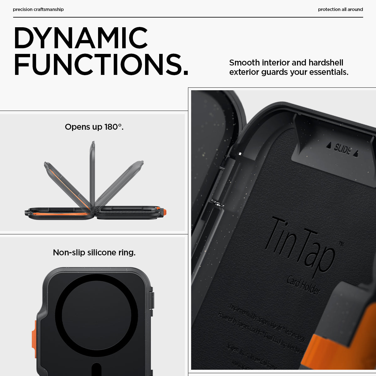 AFA07617 - MagSafe Card Holder Tintap (MagFit) in Black showing the dynamic functions. Smooth interior and hardshell exterior guards your essentials. Open u 180 degrees, non-slip silicone ring