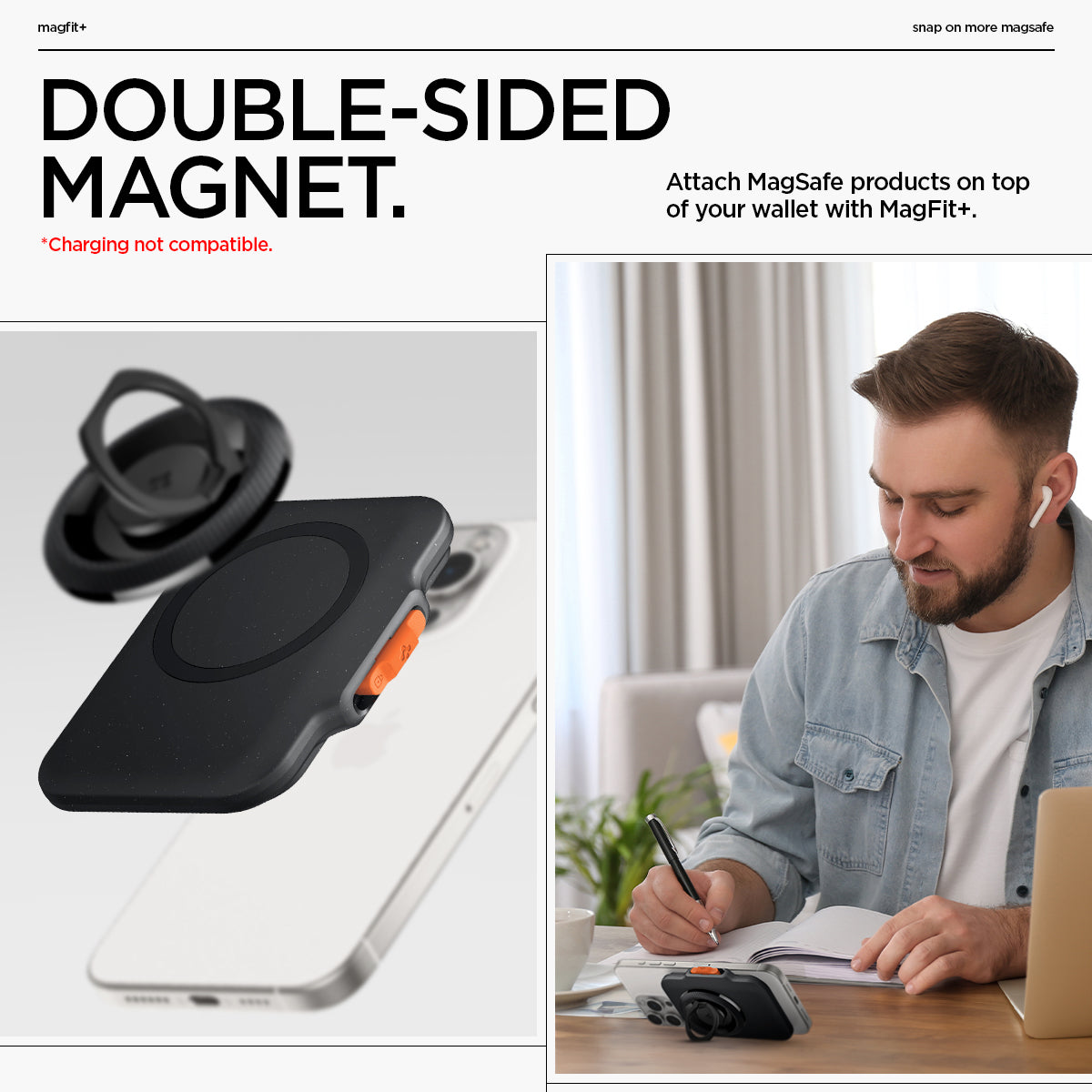 AFA07617 - MagSafe Card Holder Tintap (MagFit) in Black showing the double-sided magnet. Attach MagSafe products on top of your wallet with MagFit+