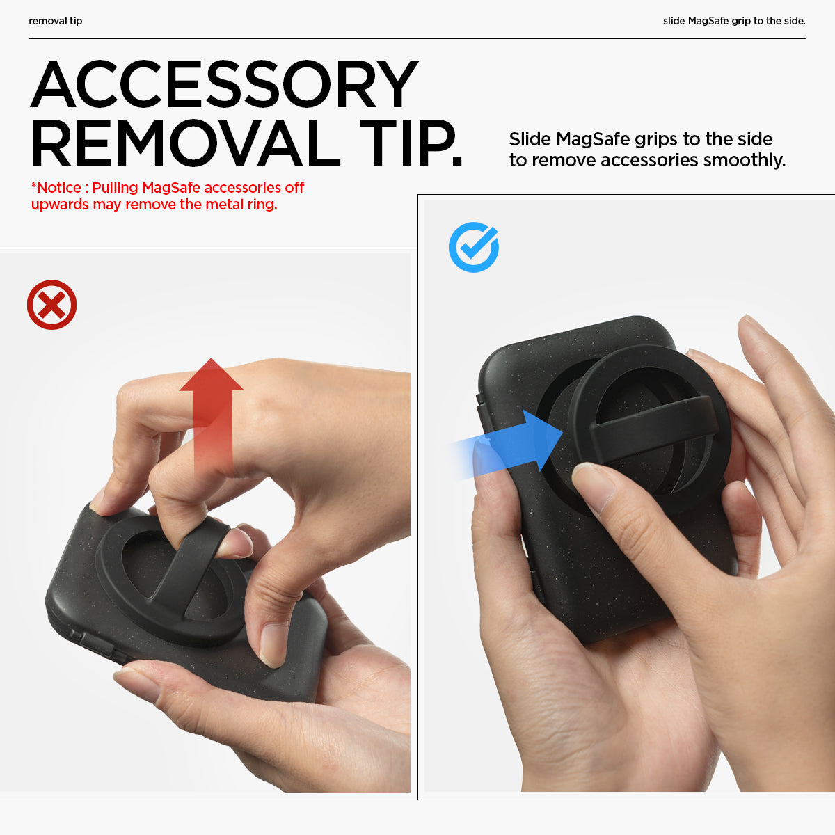 AFA07617 - MagSafe Card Holder Tintap (MagFit) in Black showing the accessory removal tip. Notice: Pulling MagSafe accessories off upwards may remove the metal ring. Slide Magafe grips to the side to remove accessories smoothly