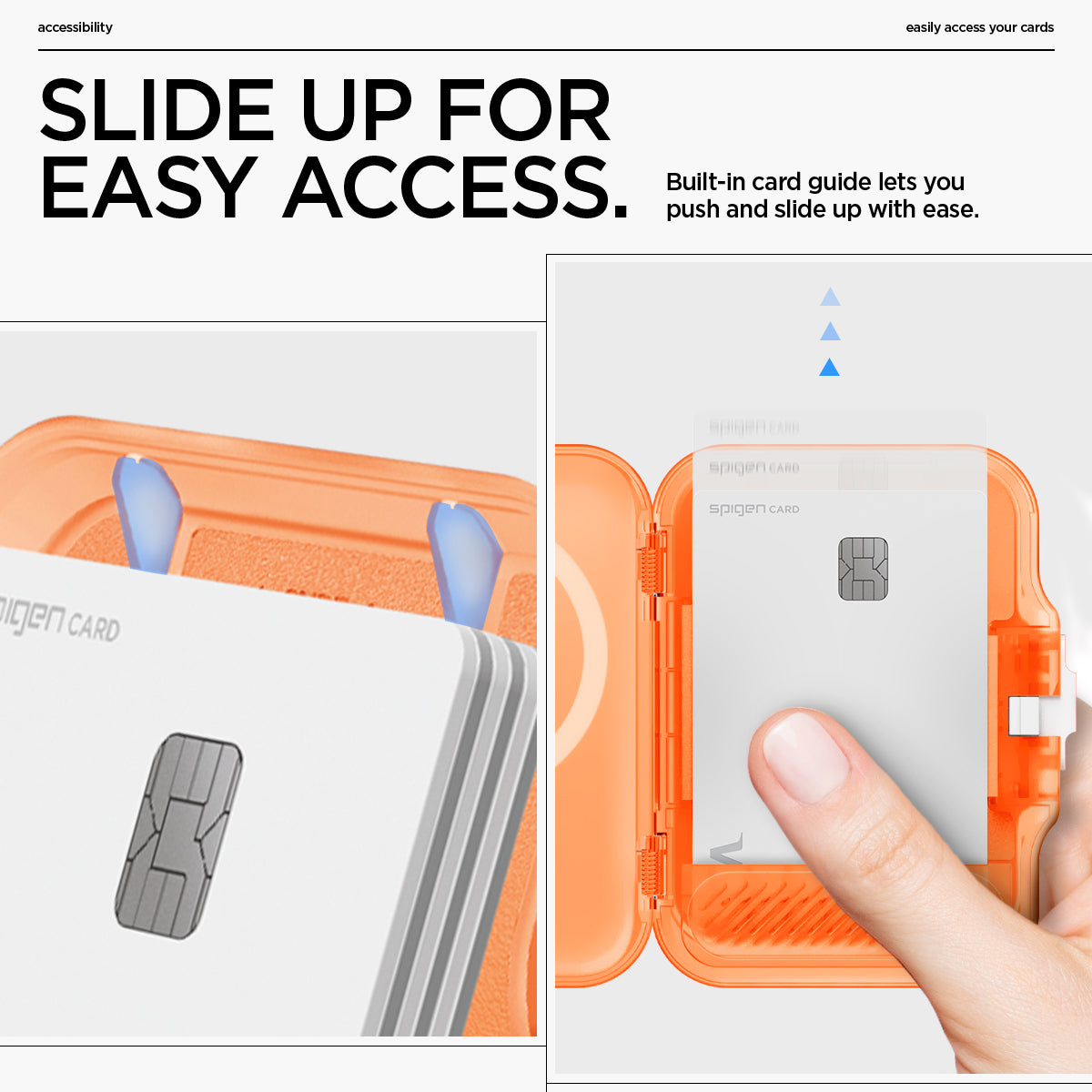 AFA11381 - MagSafe Card Holder Tintap (MagFit) in Frost Clear Orange showing the slide up for easy access. Built-in card guide lets you push and slide up with ease