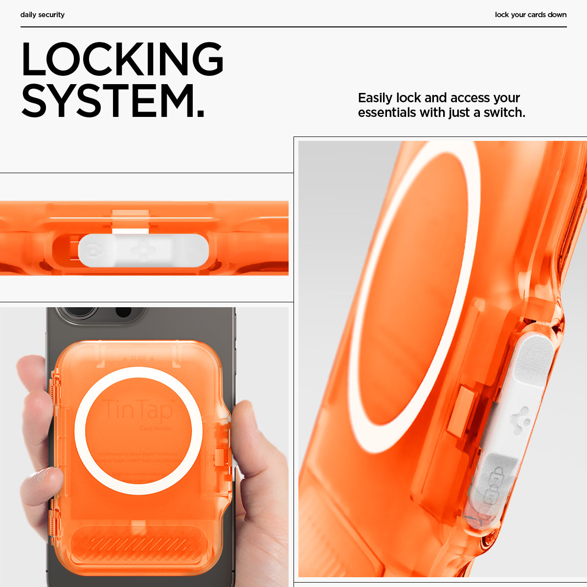 AFA11381 - MagSafe Card Holder Tintap (MagFit) in Frost Clear Orange showing the locking system. Easily lock and access your essentials with just a switch