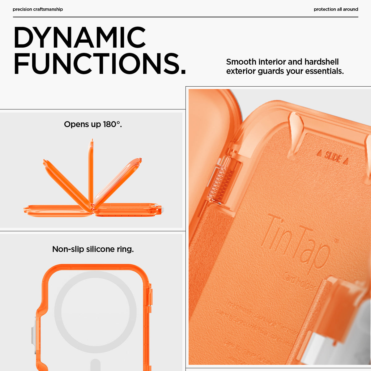 AFA11381 - MagSafe Card Holder Tintap (MagFit) in Frost Clear Orange showing the dynamic functions. Smooth interior and hardshell exterior guards your essentials. Open u 180 degrees, non-slip silicone ring