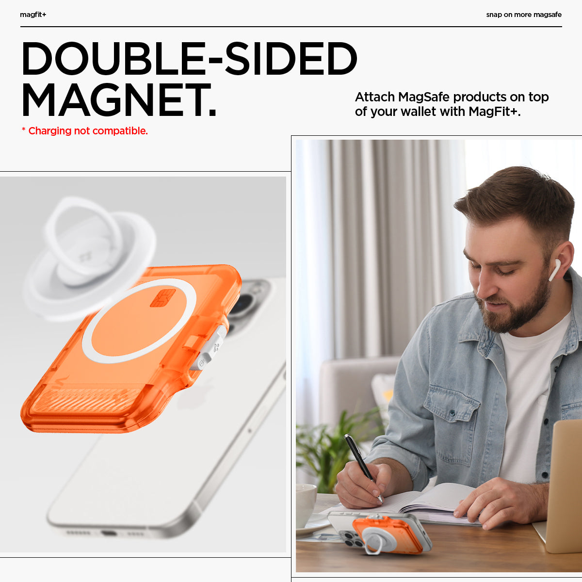 AFA11381 - MagSafe Card Holder Tintap (MagFit) in Frost Clear Orange showing the double-sided magnet. Attach MagSafe products on top of your wallet with MagFit+