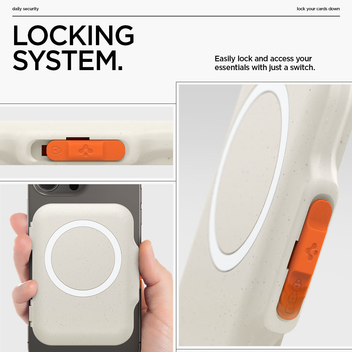 AFA07616 - MagSafe Card Holder Tintap (MagFit) in Dune Beige showing the locking system. Easily lock and access your essentials with just a switch