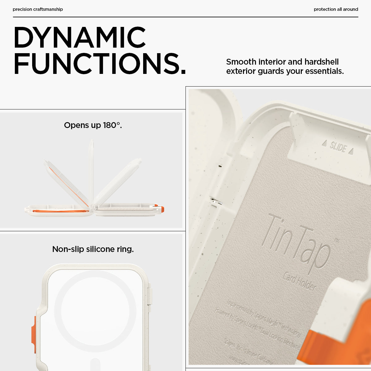 AFA07616 - MagSafe Card Holder Tintap (MagFit) in Dune Beige showing the dynamic functions. Smooth interior and hardshell exterior guards your essentials. Open u 180 degrees, non-slip silicone ring