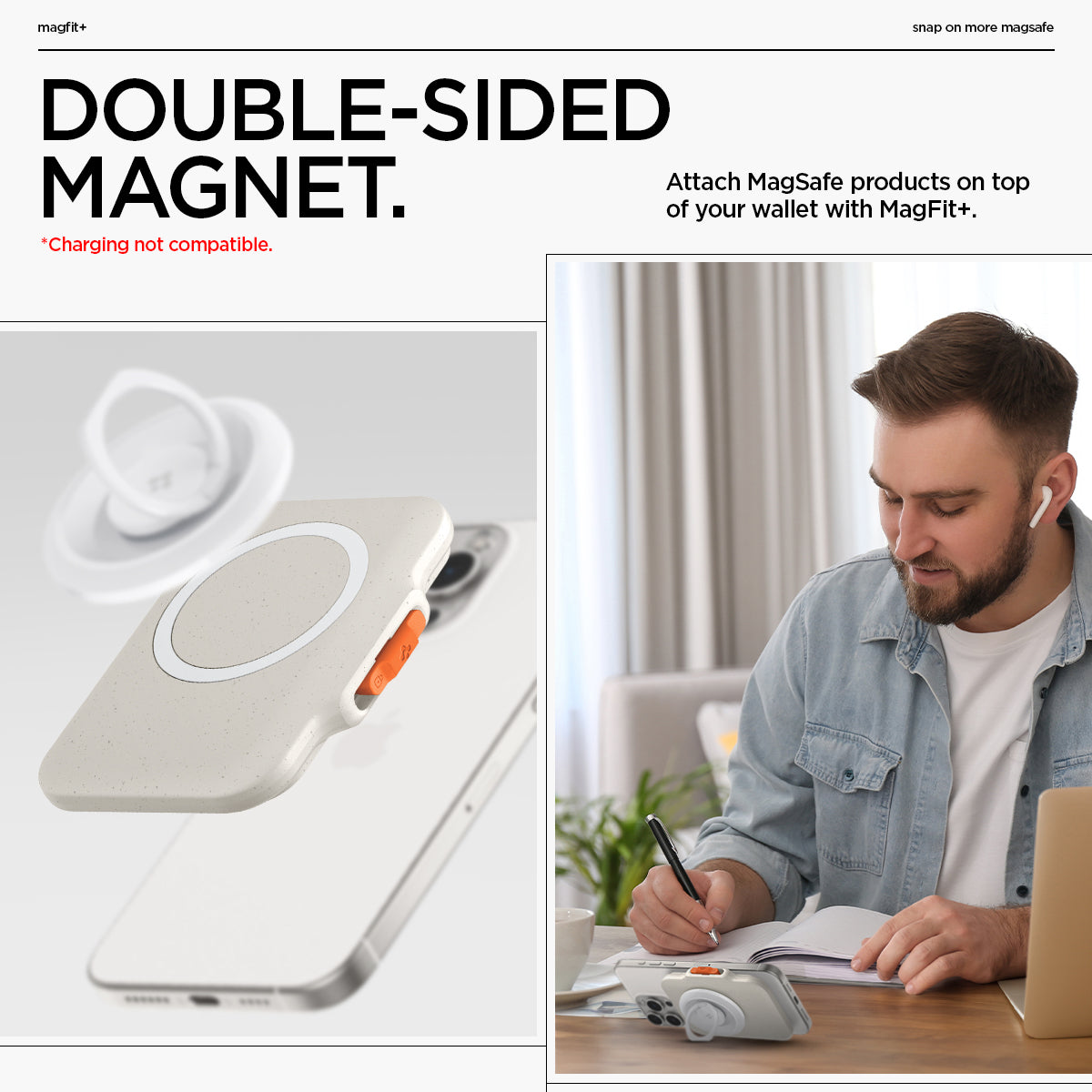 AFA07616 - MagSafe Card Holder Tintap (MagFit) in Dune Beige showing the double-sided magnet. Attach MagSafe products on top of your wallet with MagFit+