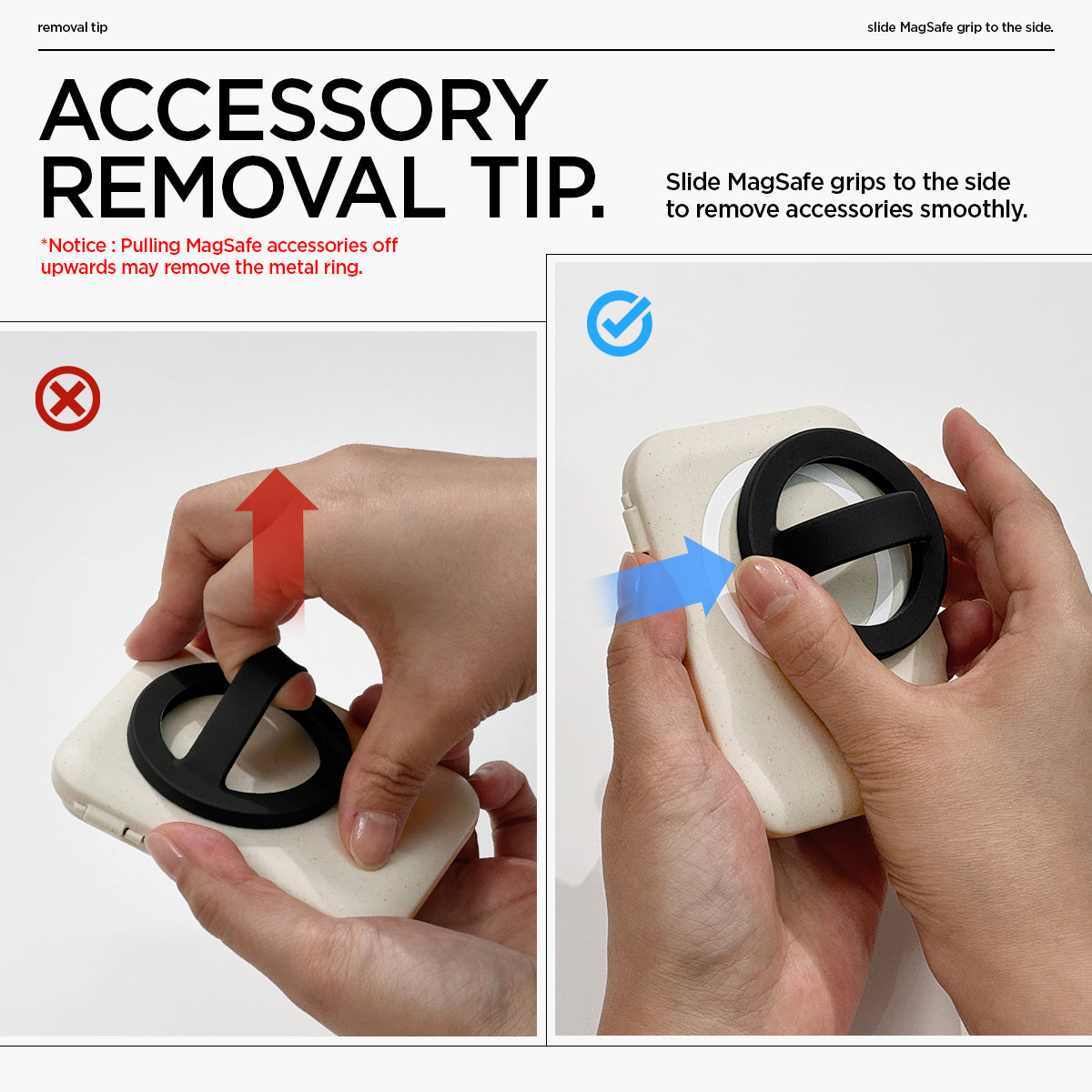 AFA07616 - MagSafe Card Holder Tintap (MagFit) in Dune Beige showing the accessory removal tip. Notice: Pulling MagSafe accessories off upwards may remove the metal ring. Slide Magafe grips to the side to remove accessories smoothly