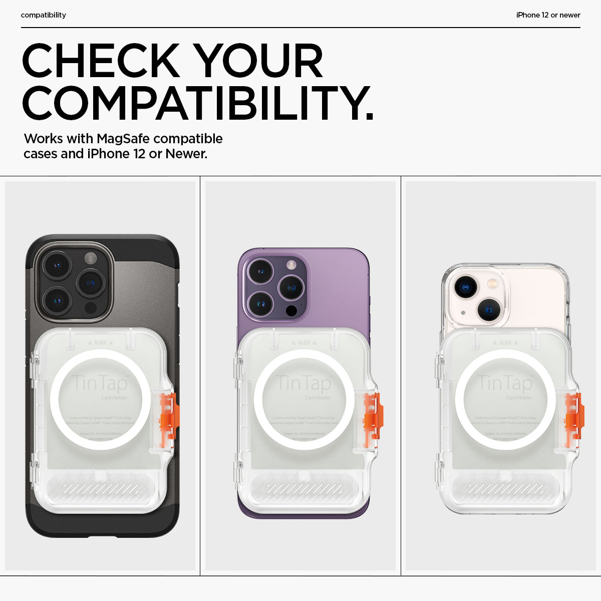 AFA07557 - MagSafe Card Holder Tintap (MagFit) in Frost Clear showing the compatibility. Works with MagSafe compatible cases and iPhone 12 or newer