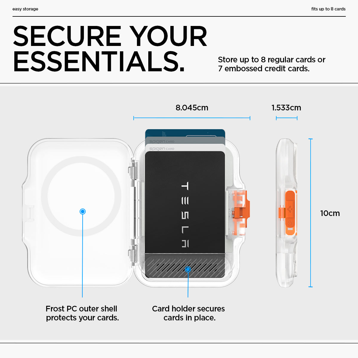 AFA07557 - MagSafe Card Holder Tintap (MagFit) in Frost Clear showing the secure your essentials. Stores up to 6 regular cards or 5 embossed credit cards. size: 8.045cmx10cmx1.533cm, card holder secures cards in place, frost PC outer shell protects your cards