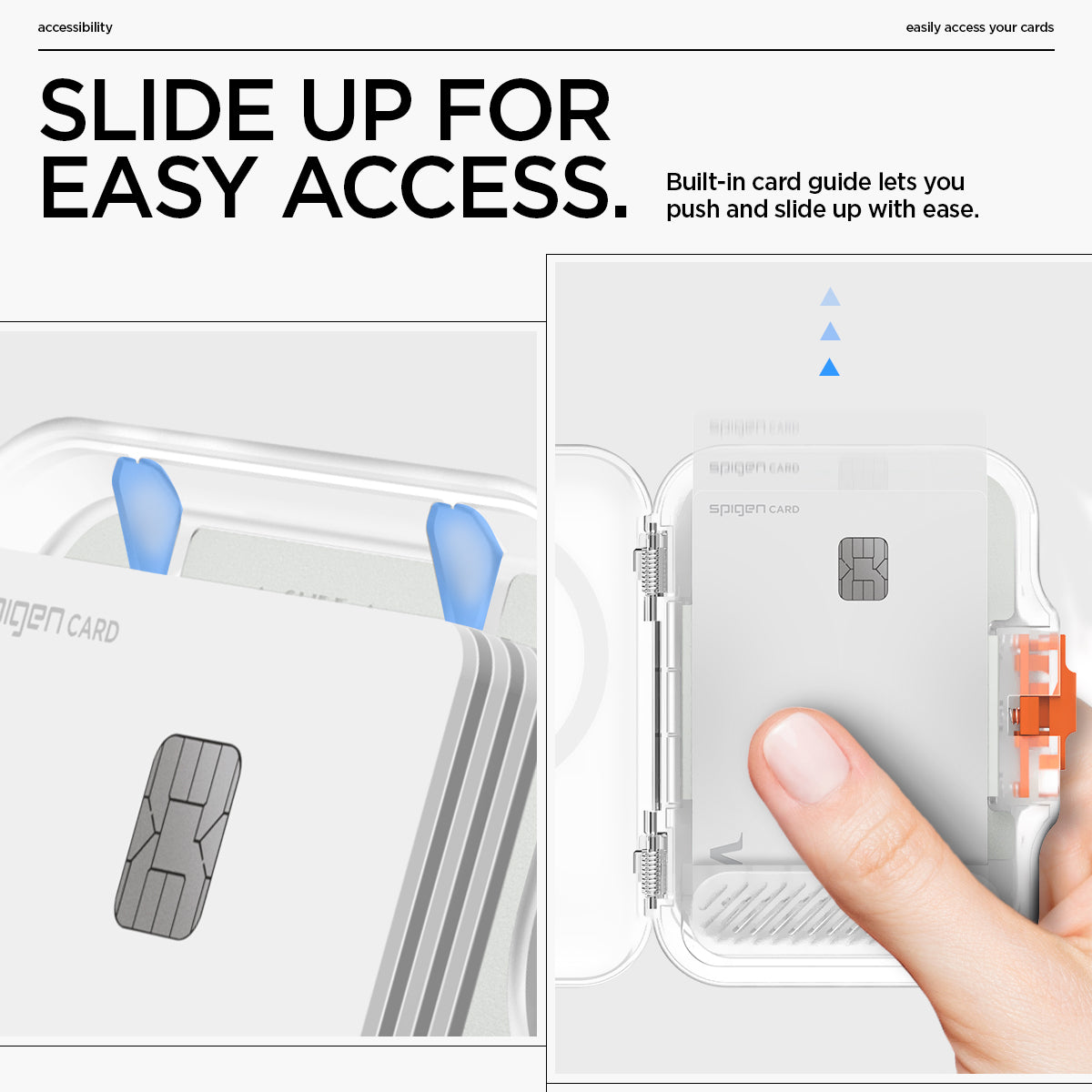 AFA07557 - MagSafe Card Holder Tintap (MagFit) in Frost Clear showing the slide up for easy access. Built-in card guide lets you push and slide up with ease