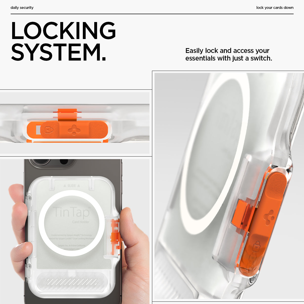 AFA07557 - MagSafe Card Holder Tintap (MagFit) in Frost Clear showing the locking system. Easily lock and access your essentials with just a switch