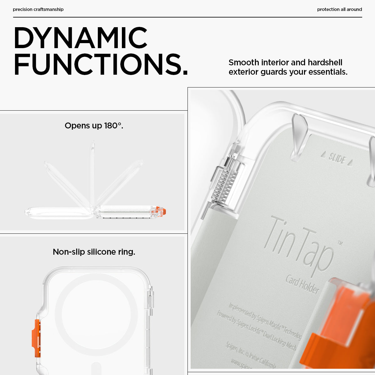 AFA07557 - MagSafe Card Holder Tintap (MagFit) in Frost Clear showing the dynamic functions. Smooth interior and hardshell exterior guards your essentials. Open u 180 degrees, non-slip silicone ring