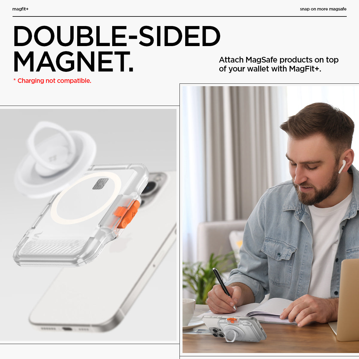 AFA07557 - MagSafe Card Holder Tintap (MagFit) in Frost Clear showing the double-sided magnet. Attach MagSafe products on top of your wallet with MagFit+