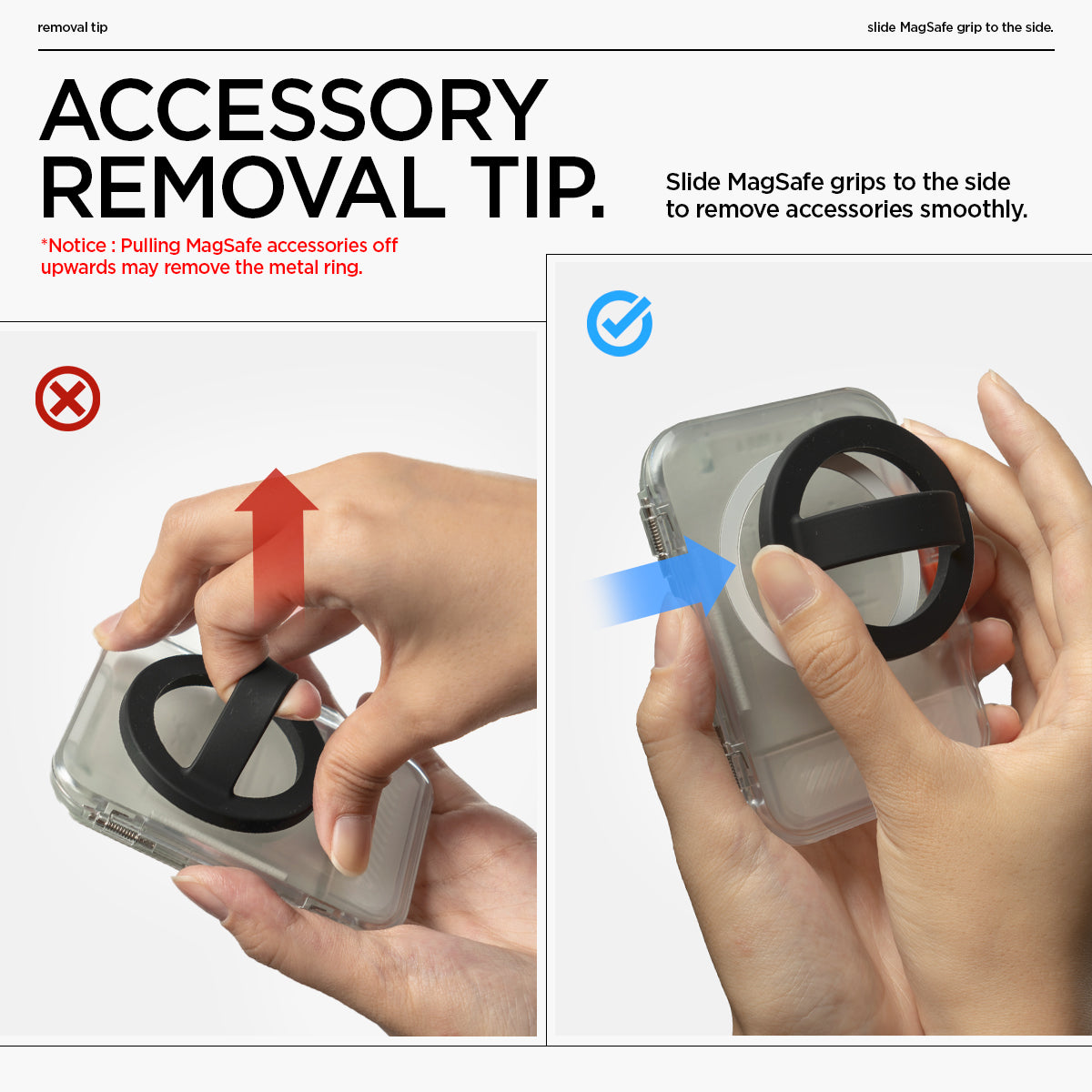 AFA07557 - MagSafe Card Holder Tintap (MagFit) in Frost Clear showing the accessory removal tip. Notice: Pulling MagSafe accessories off upwards may remove the metal ring. Slide Magafe grips to the side to remove accessories smoothly