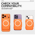 AFA11380 - MagSafe Card Holder Tintap (MagFit) in Orange showing the compatibility. Works with MagSafe compatible cases and iPhone 12 or newer