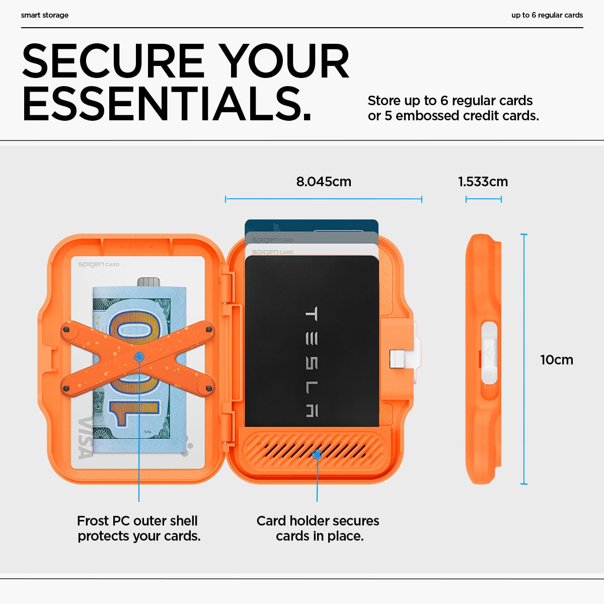 AFA11380 - MagSafe Card Holder Tintap (MagFit) in Orange showing the secure your essentials. Stores up to 6 regular cards or 5 embossed credit cards. size: 8.045cmx10cmx1.533cm, card holder secures cards in place, frost PC outer shell protects your cards