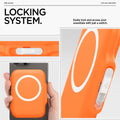 AFA11380 - MagSafe Card Holder Tintap (MagFit) in Orange showing the locking system. Easily lock and access your essentials with just a switch