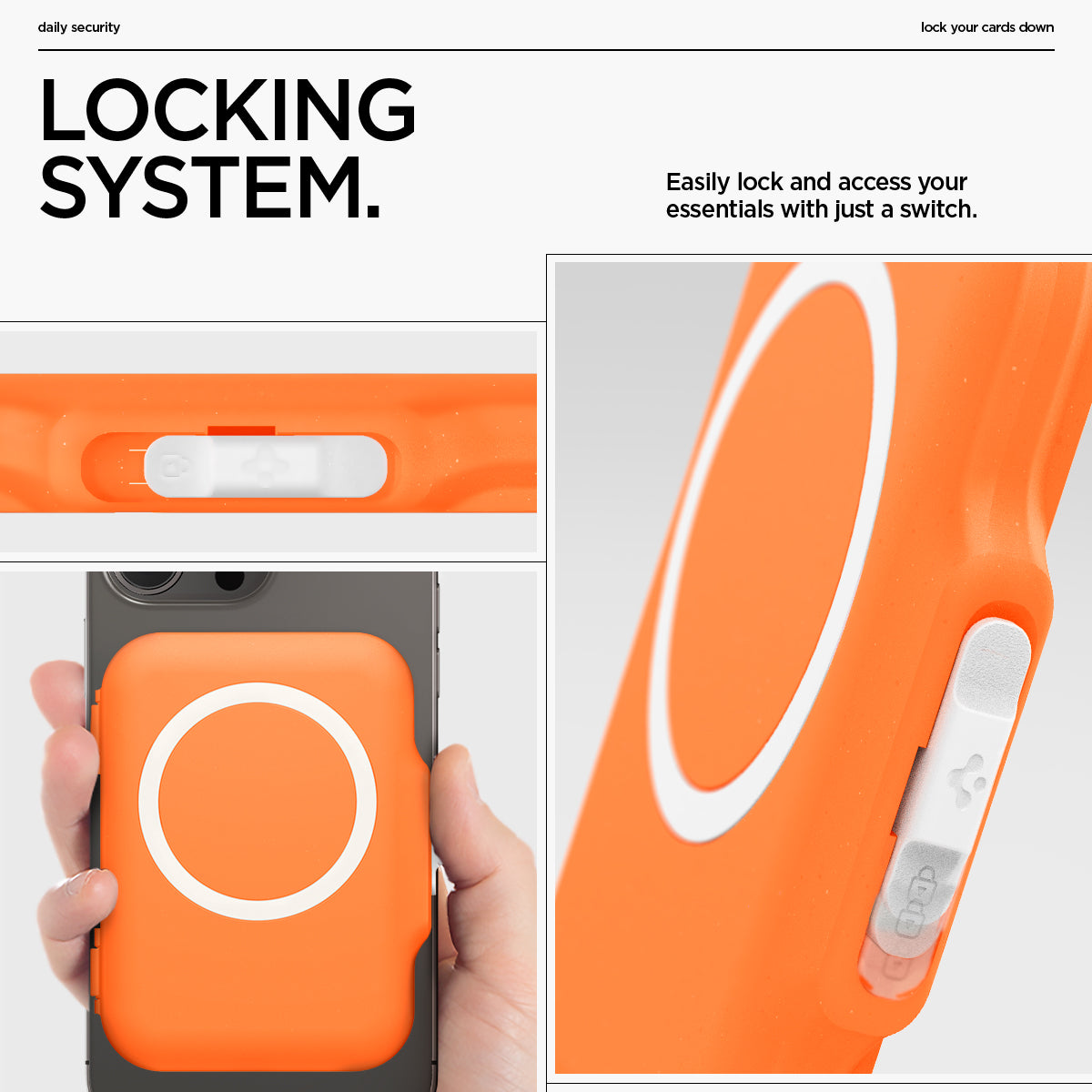 AFA11380 - MagSafe Card Holder Tintap (MagFit) in Orange showing the locking system. Easily lock and access your essentials with just a switch