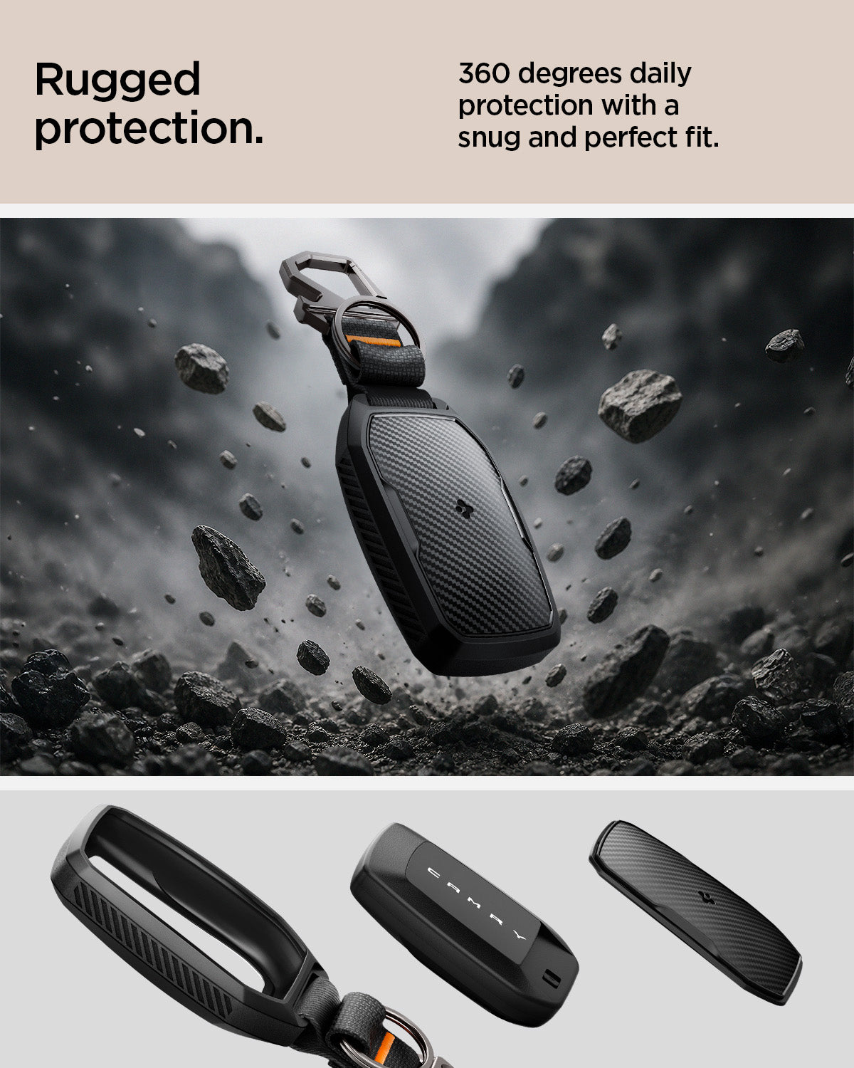 ACS11366 - Toyota Key Fob Cover | TK100 showing key fob cover floating against rocky background with exploded view of front shell and back panel below