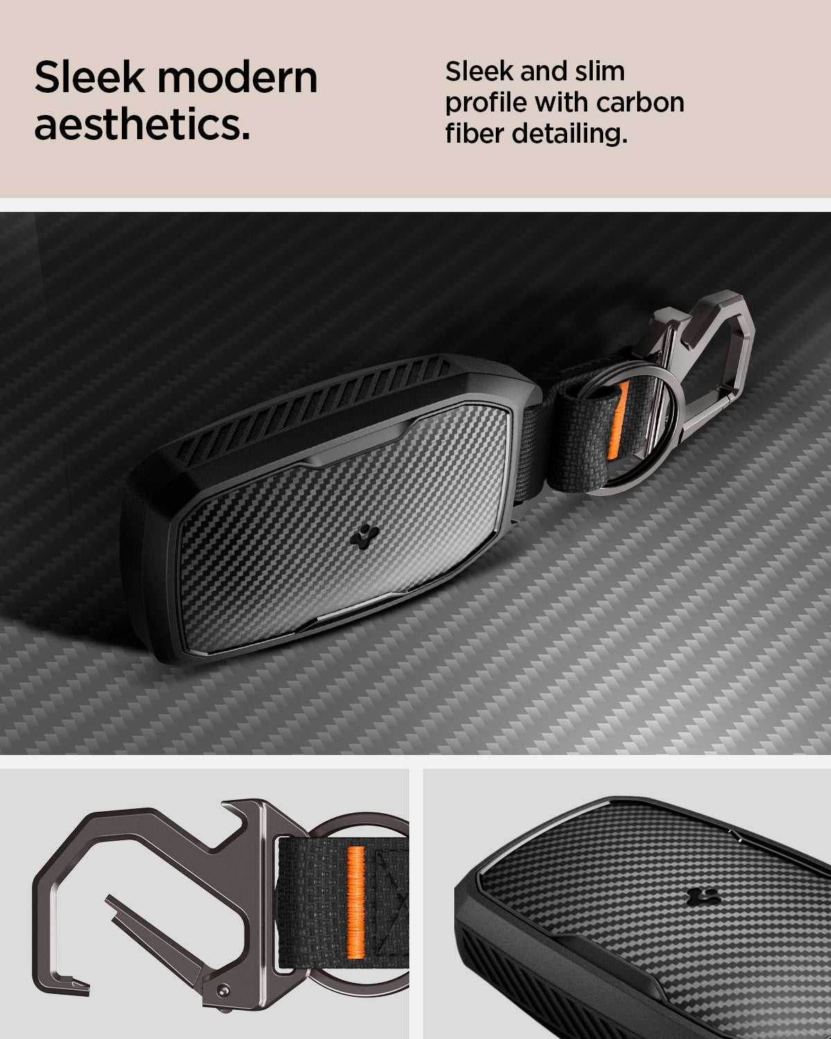 ACS11366 - Toyota Key Fob Cover | TK100 showing key fob cover back panel with carbon fiber texture closeup and carabiner strap detail below
