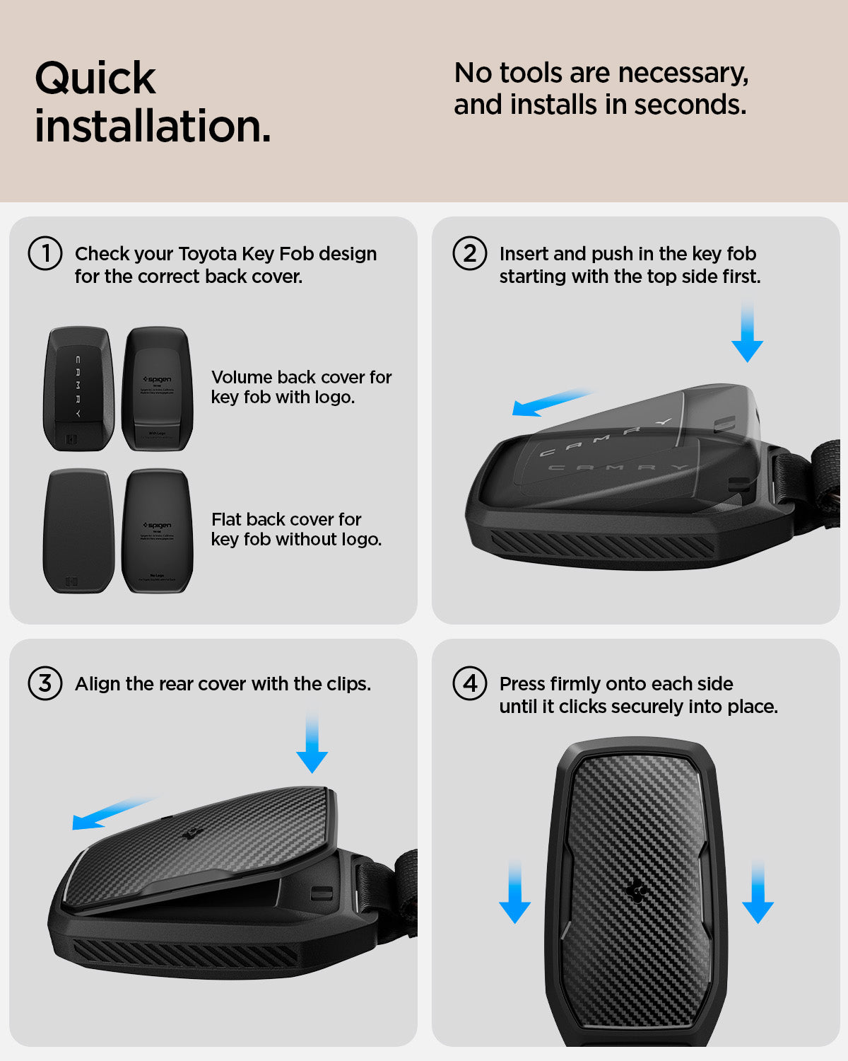 ACS11366 - Toyota Key Fob Cover | TK100 showing four-step installation guide for selecting correct back cover and inserting Toyota key fob into cover
