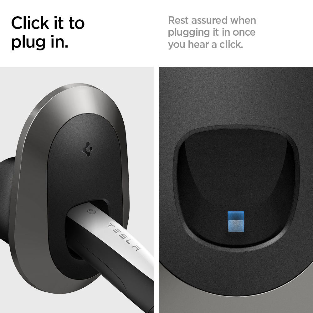 ACP04294 - Tesla Charging Wall Mount in dark silver click to plug in. rest assured when plugging it in once you hear a click.