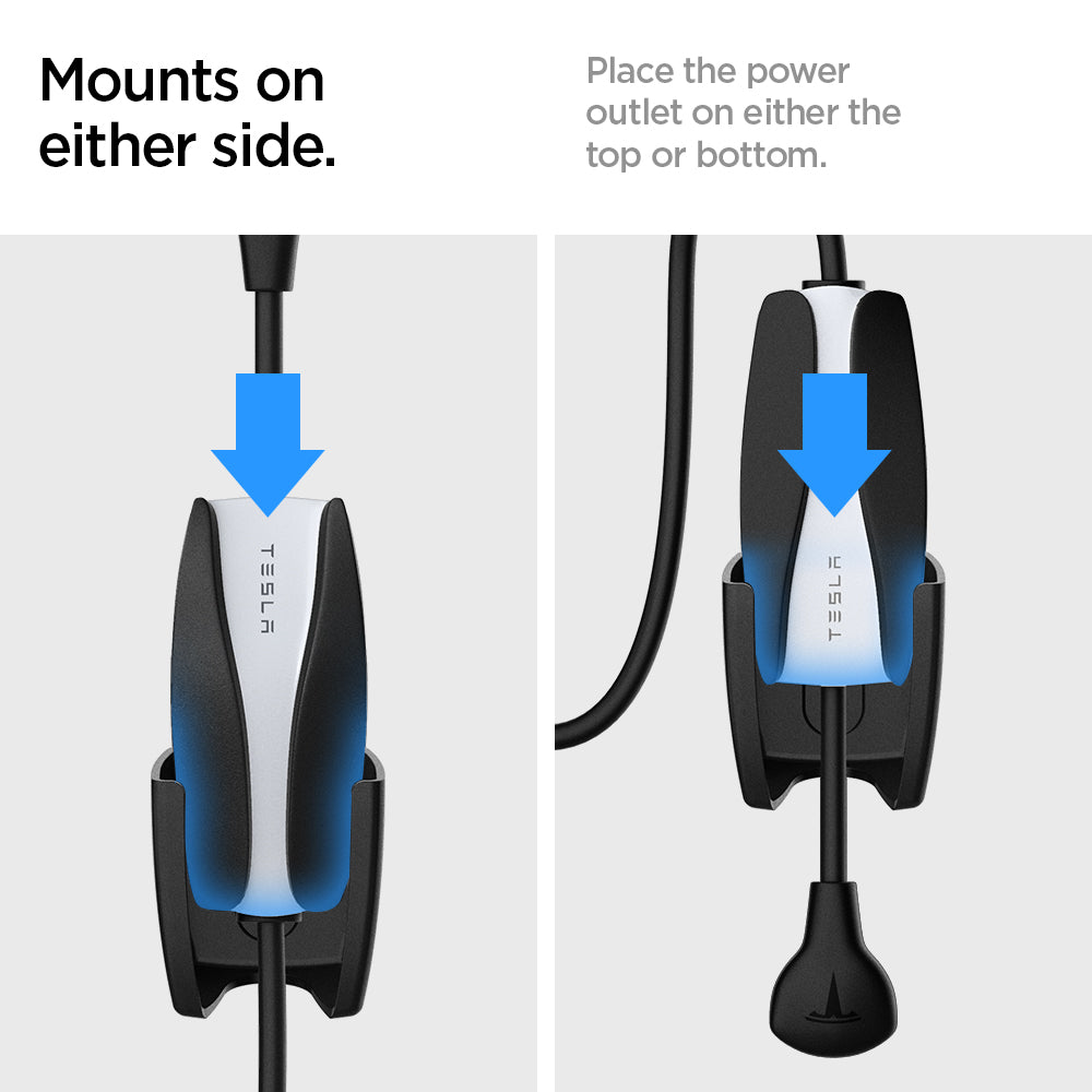 ACP04294 - Tesla Charging Wall Mount in dark silver mounts on either side. Place the power outlet on either the top or bottom.