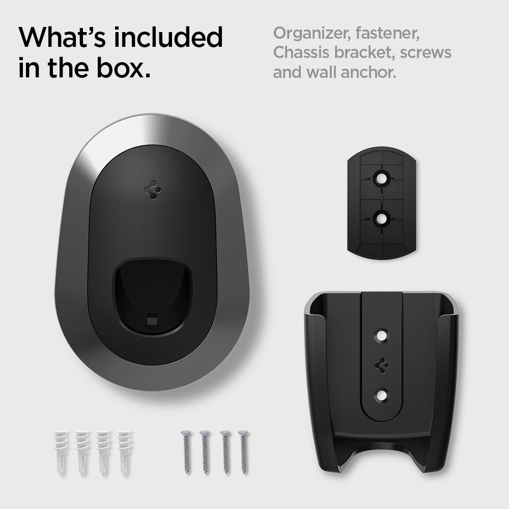 ACP04294 - Tesla Charging Wall Mount in dark silver what's included in the box. organizer, fastener, chassis bracket, crews and wall anchor.
