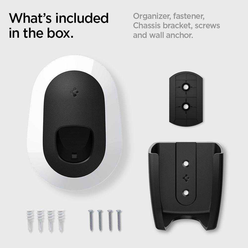 ACP04295 - Tesla Charging Wall Mount in white what's included in the box. organizer, fastener, chassis bracket, crews and wall anchor.