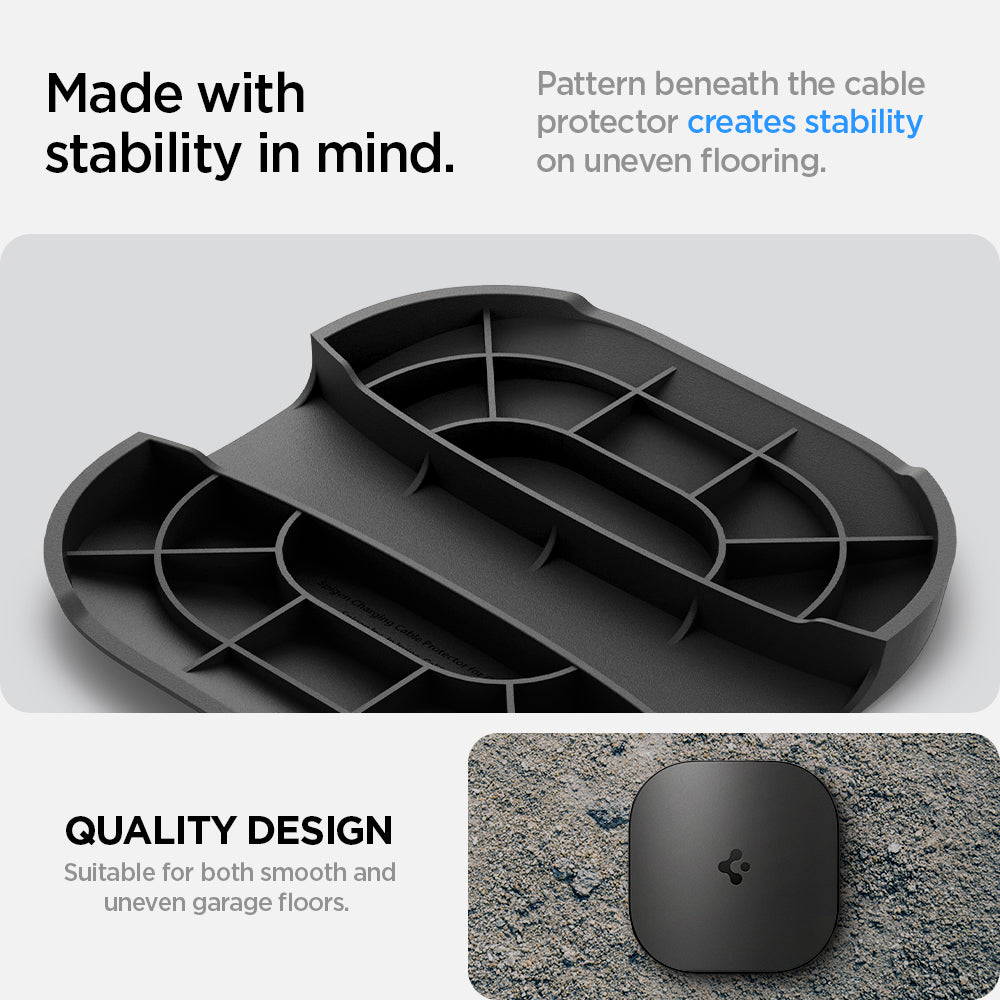 ACP05444 - Tesla Charger Cable Cover TO110 in black made with stability in mind. pattern beneath the cable protector creates stability on uneven flooring.