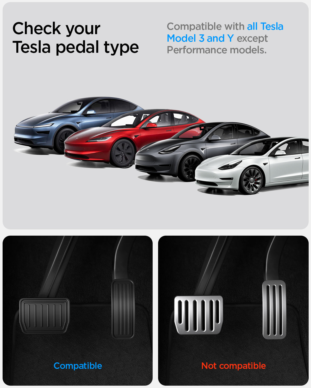 ACP11627 - Tesla Series - Pedal Covers Performance Line Design | TO200P showing Tesla Model 3 and Model Y pedal compatibility guide excluding Performance models