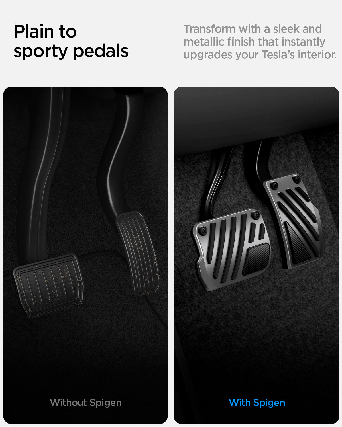 ACP11627 - Tesla Series - Pedal Covers Performance Line Design | TO200P showing Tesla pedal covers transforming factory pedals with sporty brushed metal styling