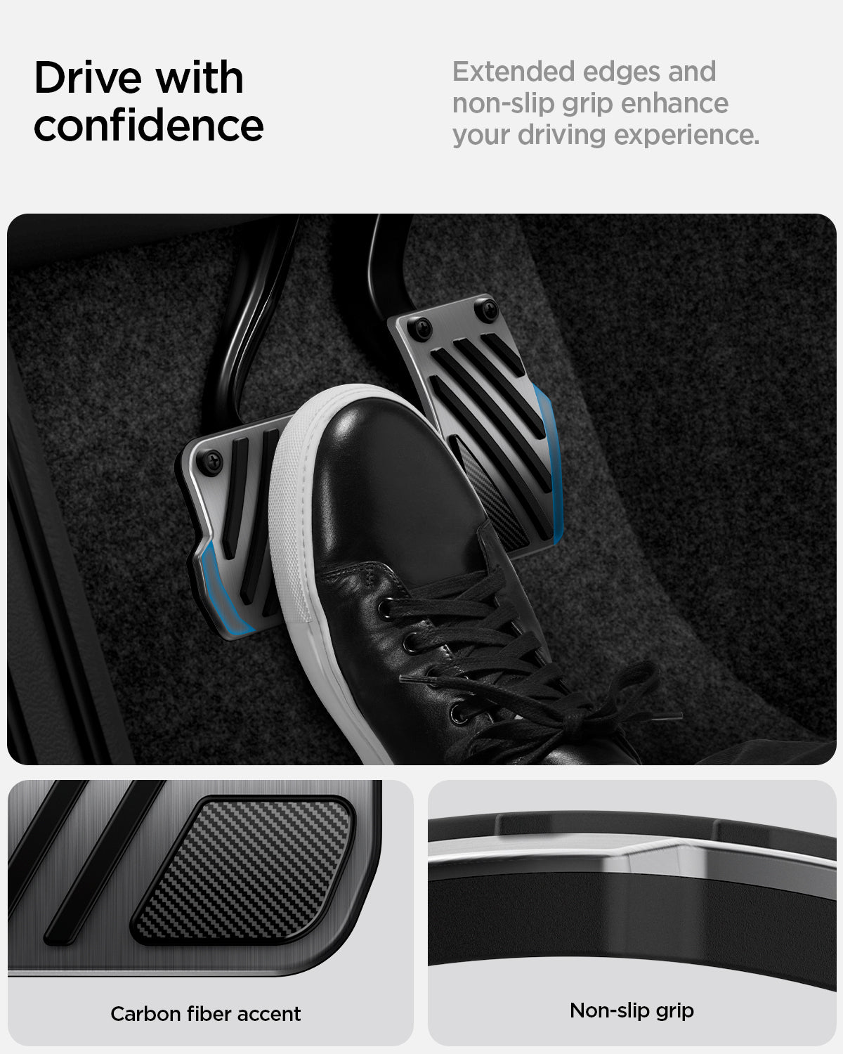 ACP11627 - Tesla Series - Pedal Covers Performance Line Design | TO200P showing Tesla pedal covers with extended edges and anti-slip grip for enhanced driving control