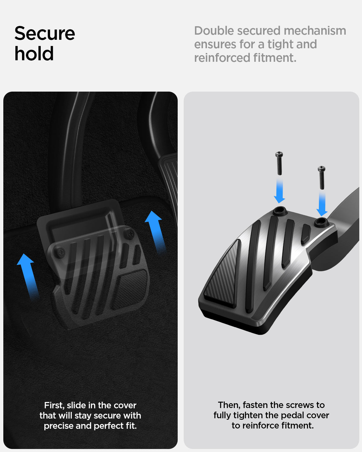 ACP11627 - Tesla Series - Pedal Covers Performance Line Design | TO200P showing Tesla pedal covers with double-secured installation system and reinforced fitment