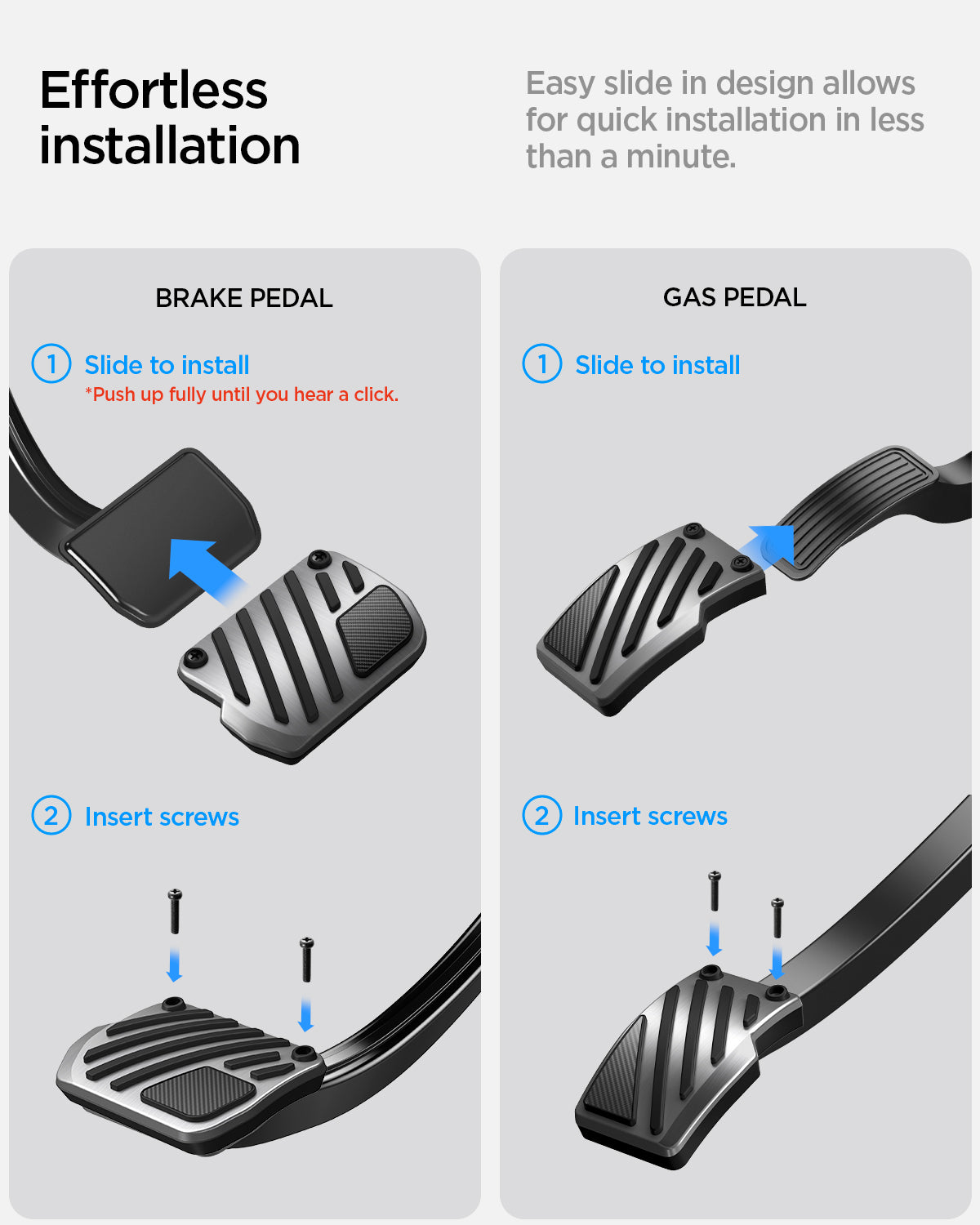 ACP11627 - Tesla Series - Pedal Covers Performance Line Design | TO200P showing Tesla pedal cover installation guide featuring slide-in mounting and screw fastening system