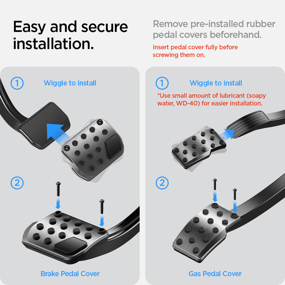 ACP07220 - Tesla Model Y & 3 Pedal Cover TO201 in Black easy and secure installation. remove pre installed rubber pedal covers beforehand. insert pedal cover fully before screwing hem on. wiggle to install. use small amount of lubricant (soapy water, WD-40) for easier installation