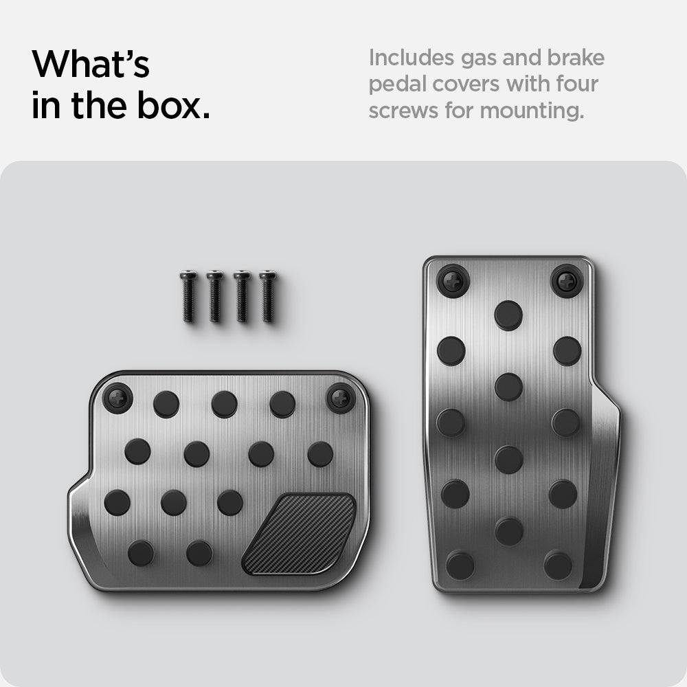 ACP07220 - Tesla Model Y & 3 Pedal Cover TO201 in Black what's in the box. includes gas and brake pedal covers with four screws for mounting.