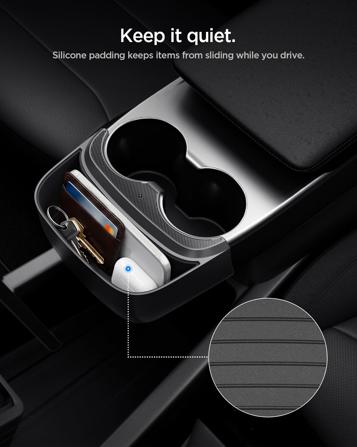 ACP11170 - Tesla Series - Console Extender | TO220CYS in Black showing keep it quiet.