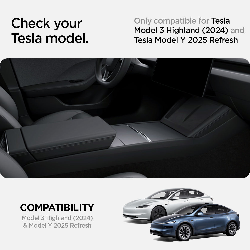 ACP07407 - Model 3 (2024-2025) Highland | Model Y (2025) Refresh Center Console Organizer Upper Tray Non Slide | TO220H showing the compatibility only with Tesla Model 3 Highland (2024) and Tesla Model Y 2025 Refresh 