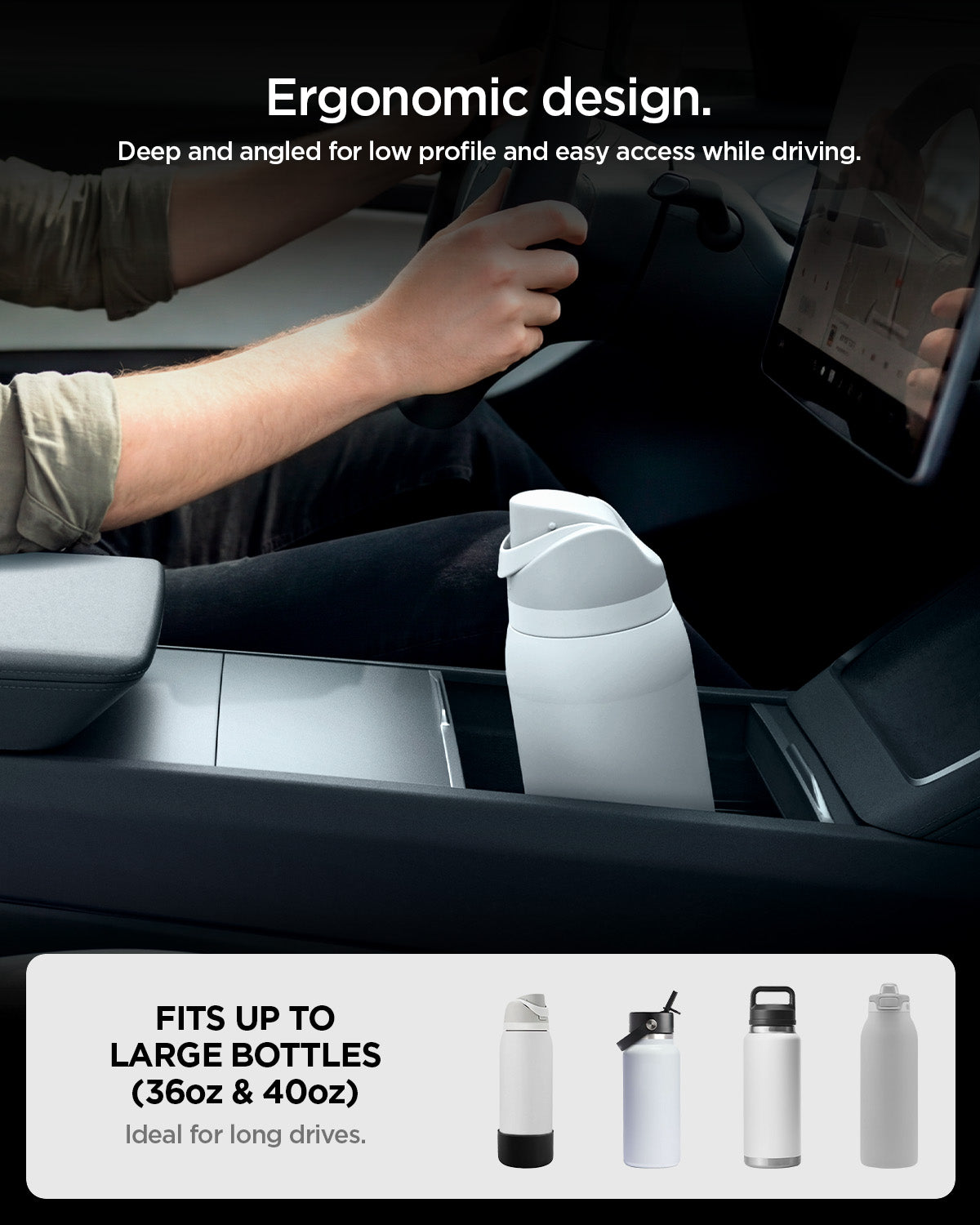 ACP10951 - Tesla Series - Sliding Console Organizer with Bottle Holder | TO220SC showing ergonomic design. deep and angled for low profile and easy access while driving. only for 36oz and 40oz