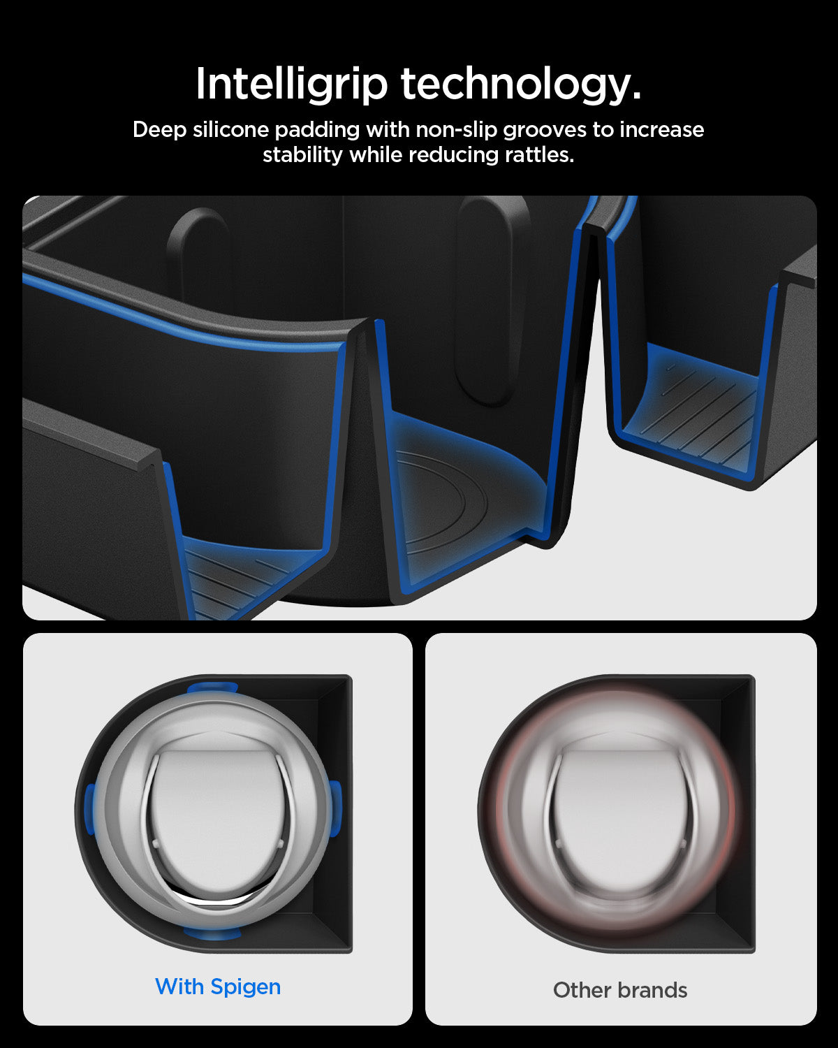 ACP10951 - Tesla Series - Sliding Console Organizer with Bottle Holder | TO220SC showing intelligrip technology. deep silicone padding with non slip grooves to increase stability while reducing rattles