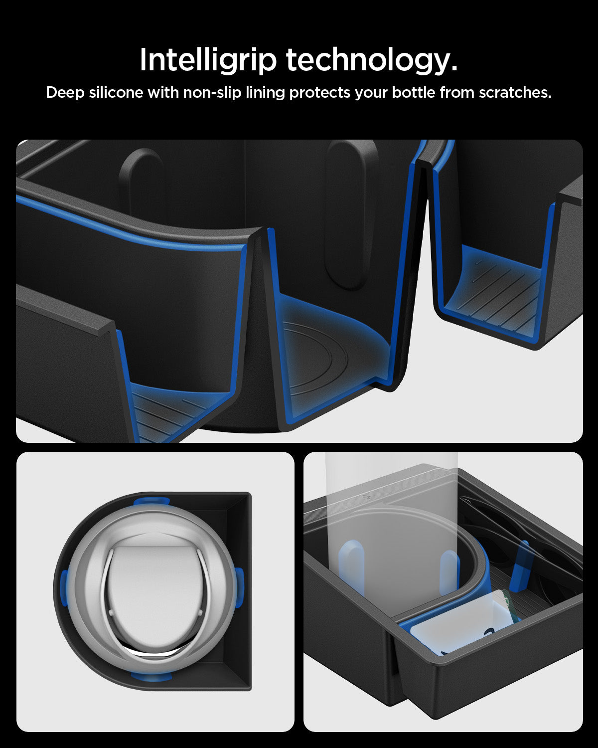 ACP10951 - Tesla Series - Sliding Console Organizer with Bottle Holder | TO220SC showing intelligrip technology. deep silicone padding with non slip grooves to increase stability while reducing rattles